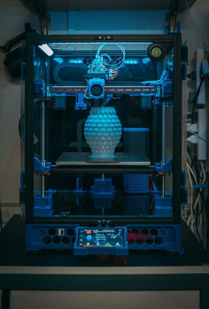 Close-up of a 3D printer in action, crafting a detailed vase in a modern setting.